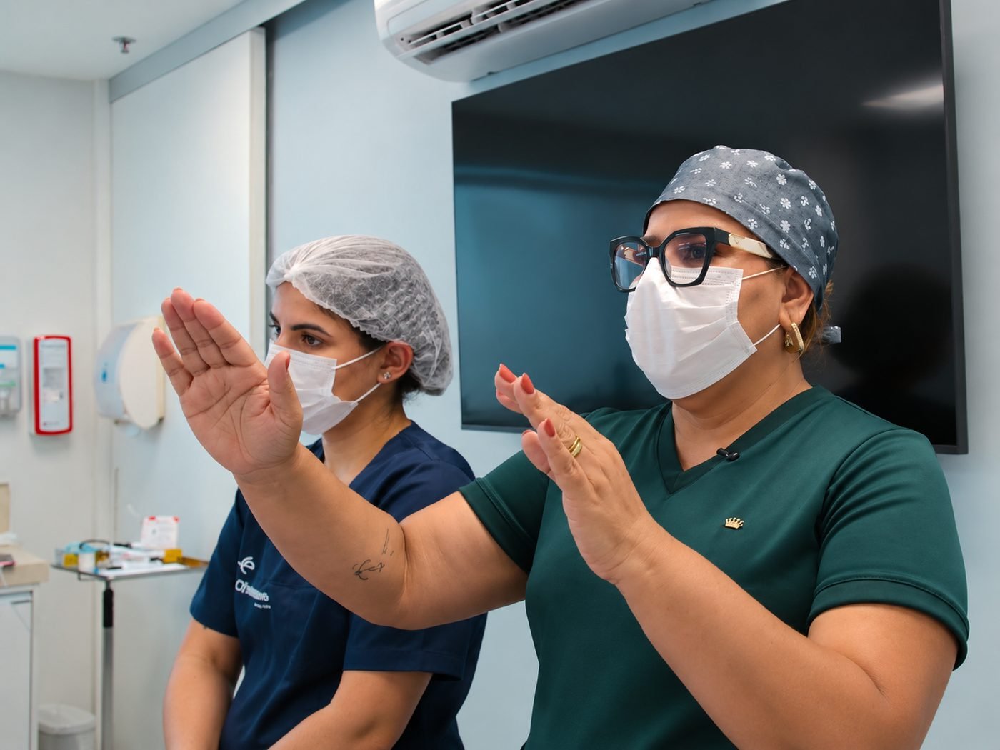 Dayane Mafra orientando a equipe da clínica durante a imersão